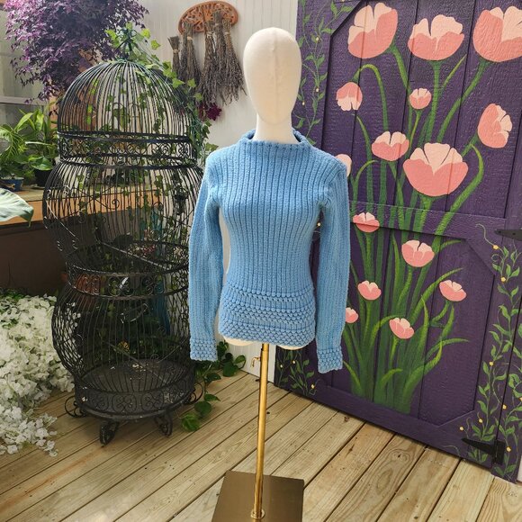 Joan Sweater / Vintage 1950's Baby Blue Knit Acrylic Sweater by Joan Marie - Picture 1 of 16